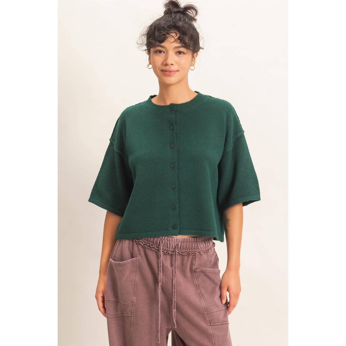 Drop Shoulder Short Sleeve Button Cardigan