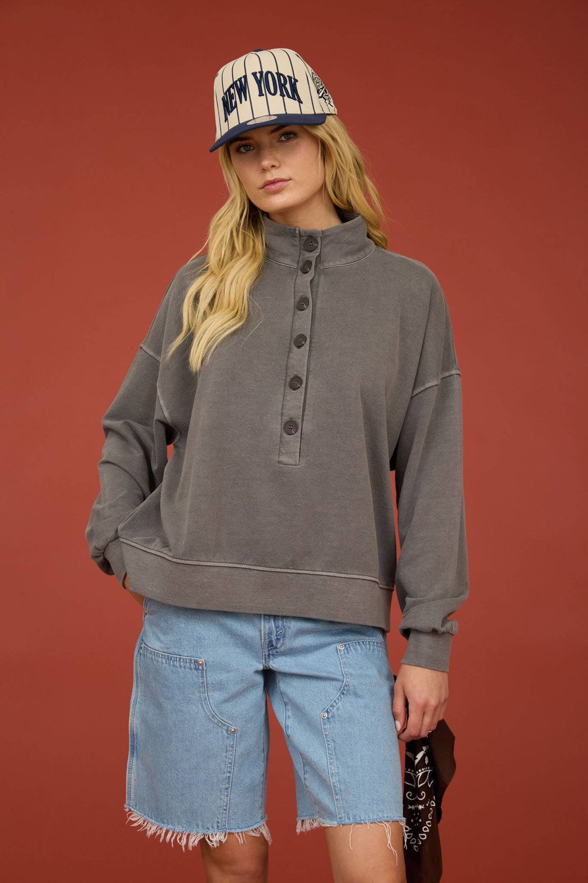 MOCK NECK HENLEY LONG SLEEVE KNIT TOP | Queen Bee Boutique