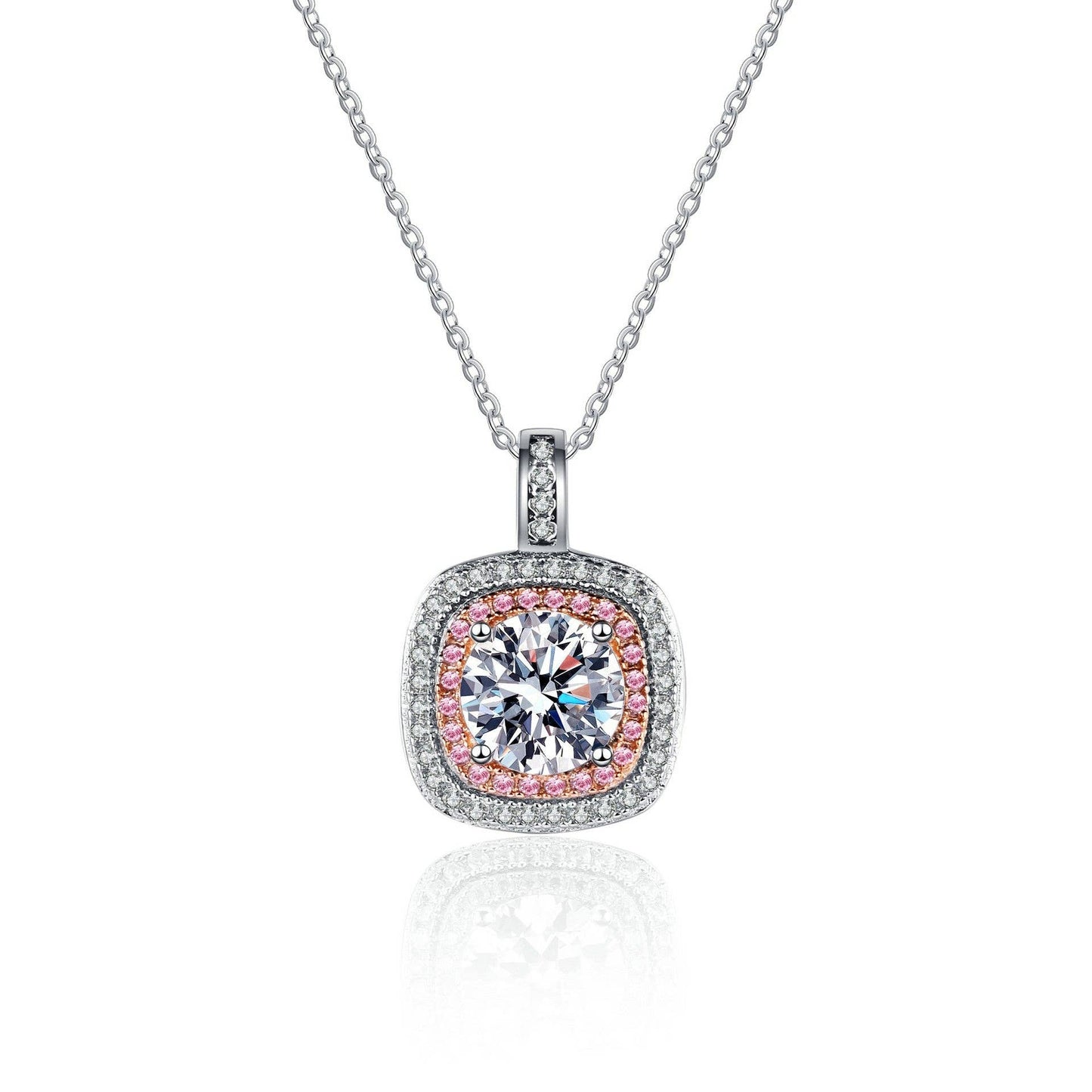Pink Moissanite Halo Charm Necklace in 925 Sterling Silver