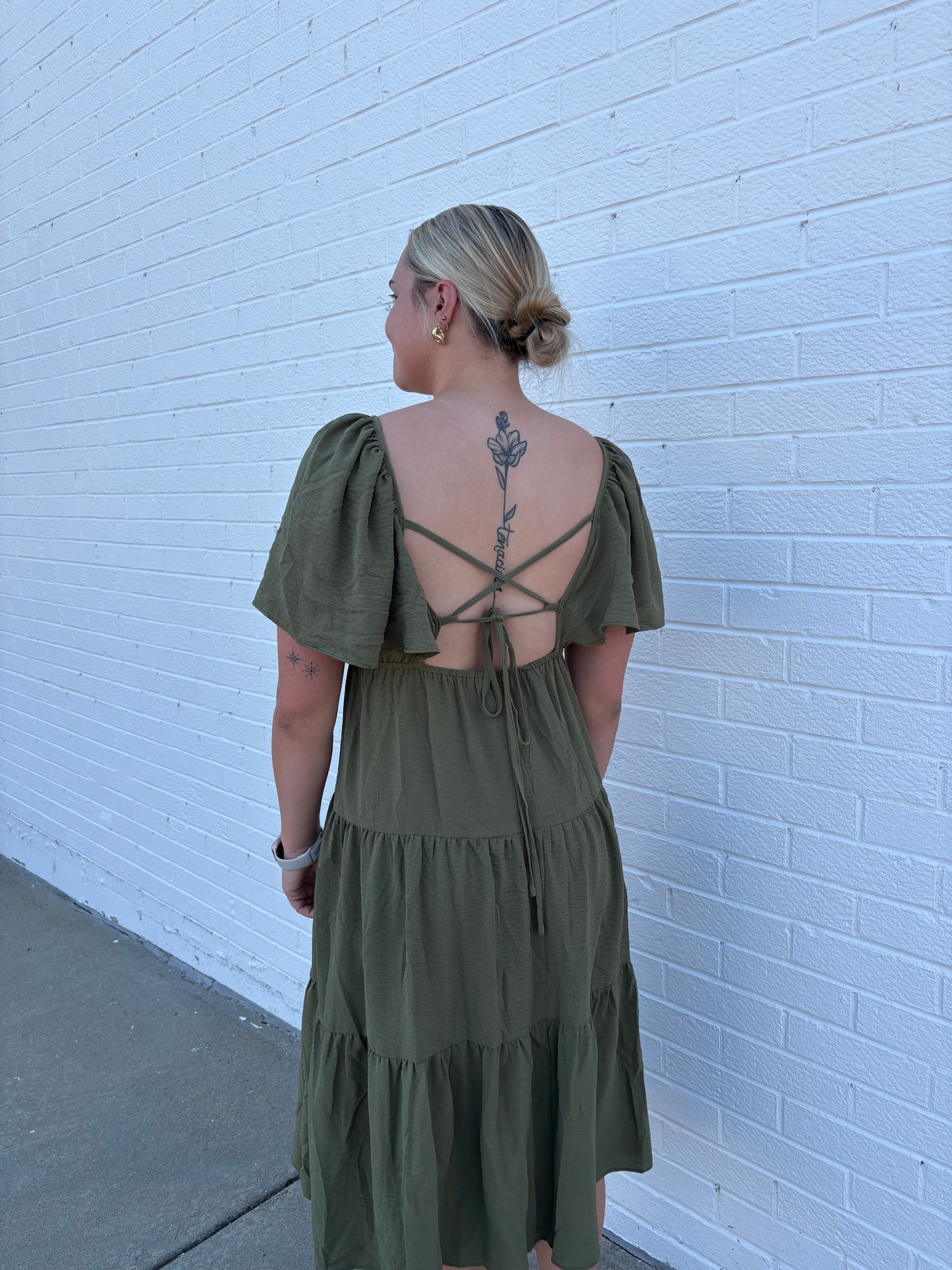 Olive Fall Tiered Midi Dress Flutter Sleeve | Queen Bee Boutique