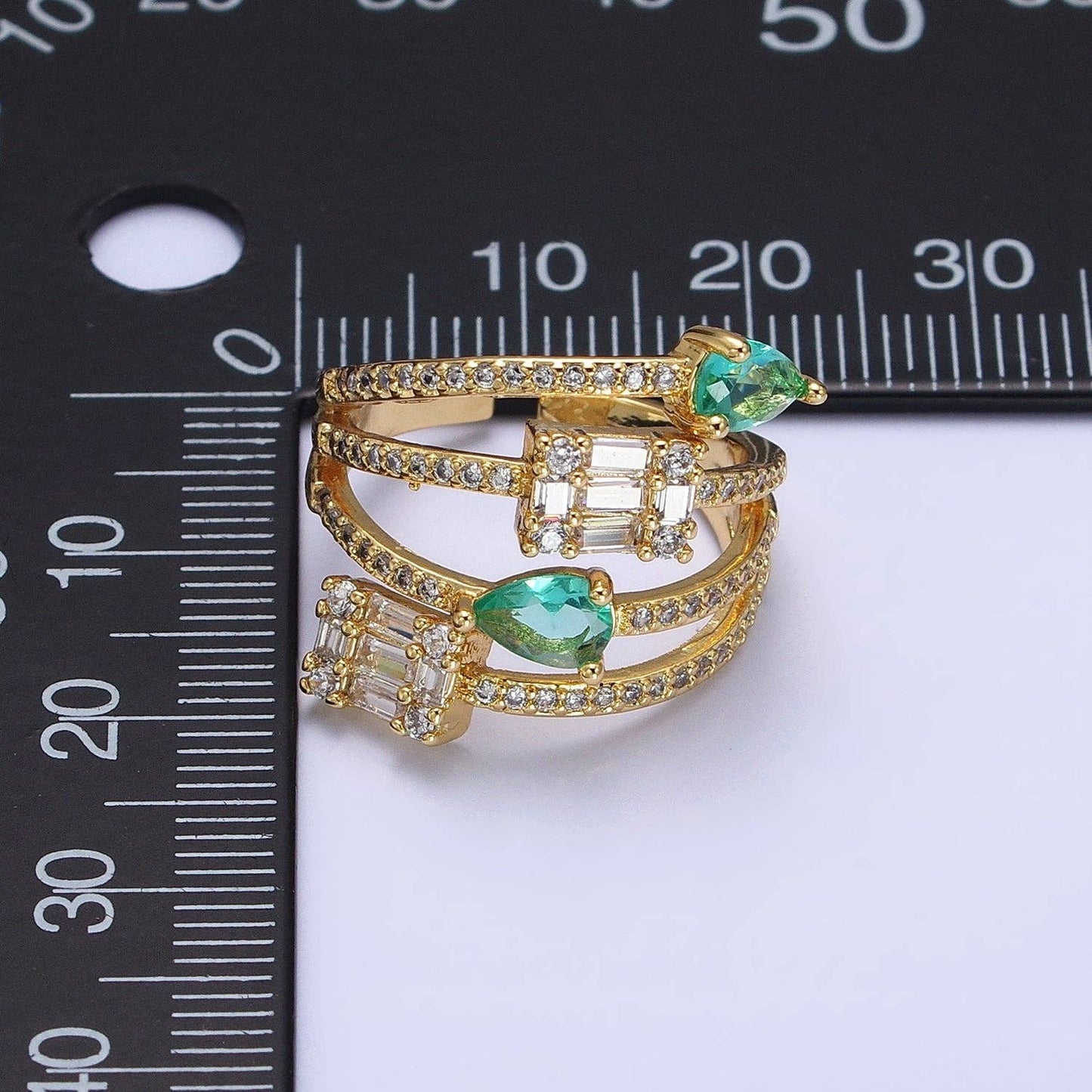 Aqua Tear Drop CZ Gold Wrap Baguette Stacking Ring