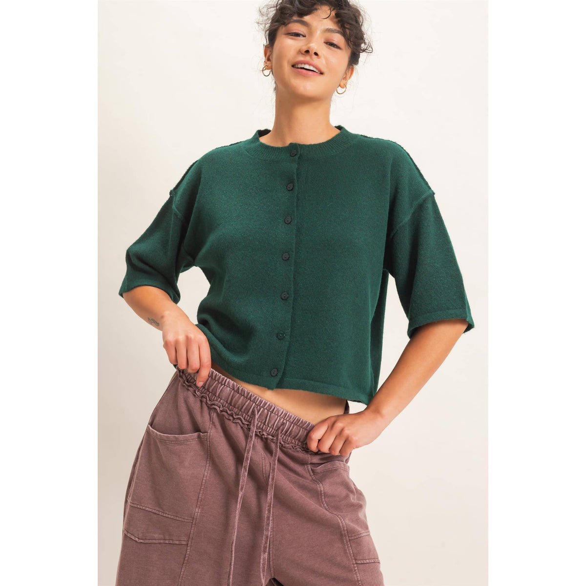Drop Shoulder Short Sleeve Button Cardigan