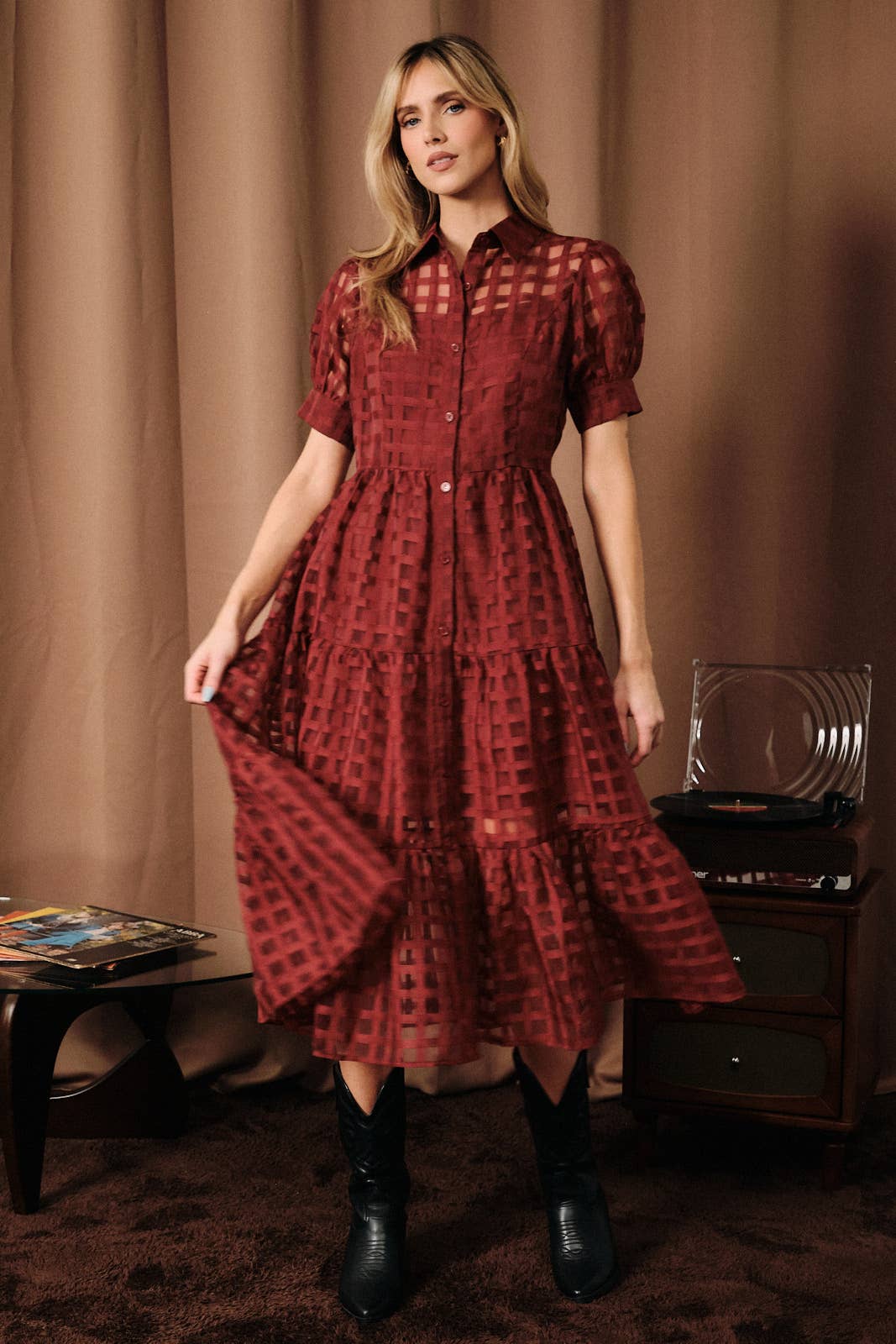 Puff Half Sleeve Sheer Checkered Tiered Shirt Midi Dress