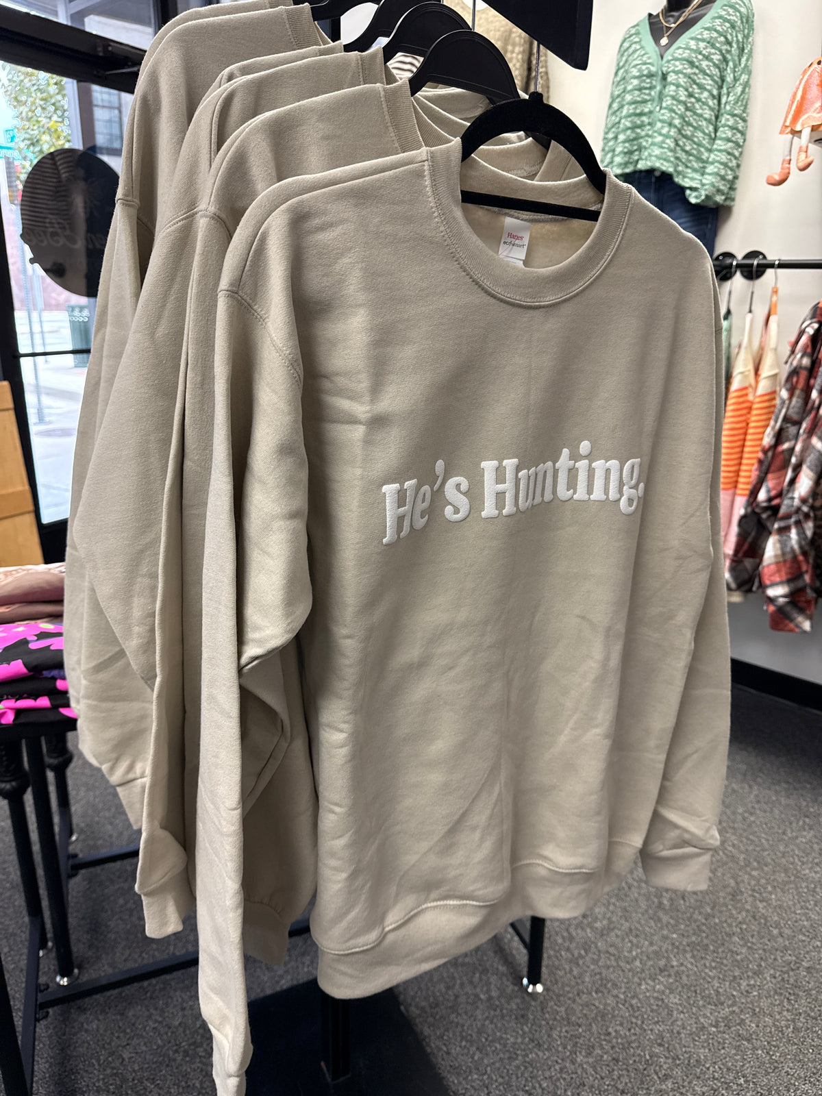 He’s Hunting Graphic Crewneck Sweatshirt – Grey Beige