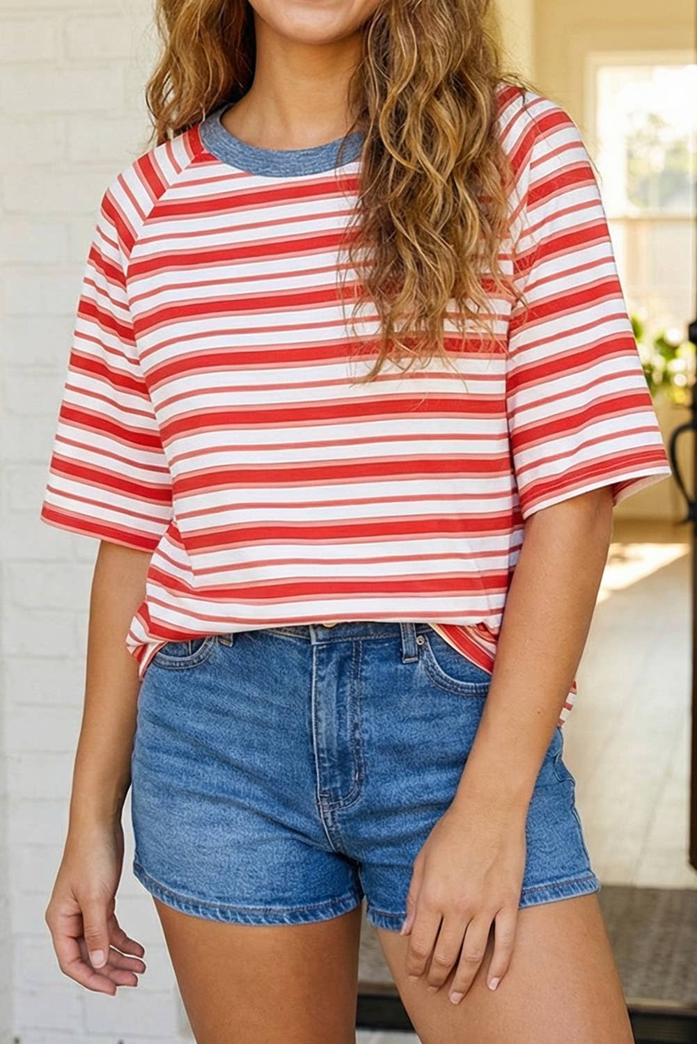 Striped Raglan Sleeve Contrast Neck T-Shirt | Queen Bee Boutique