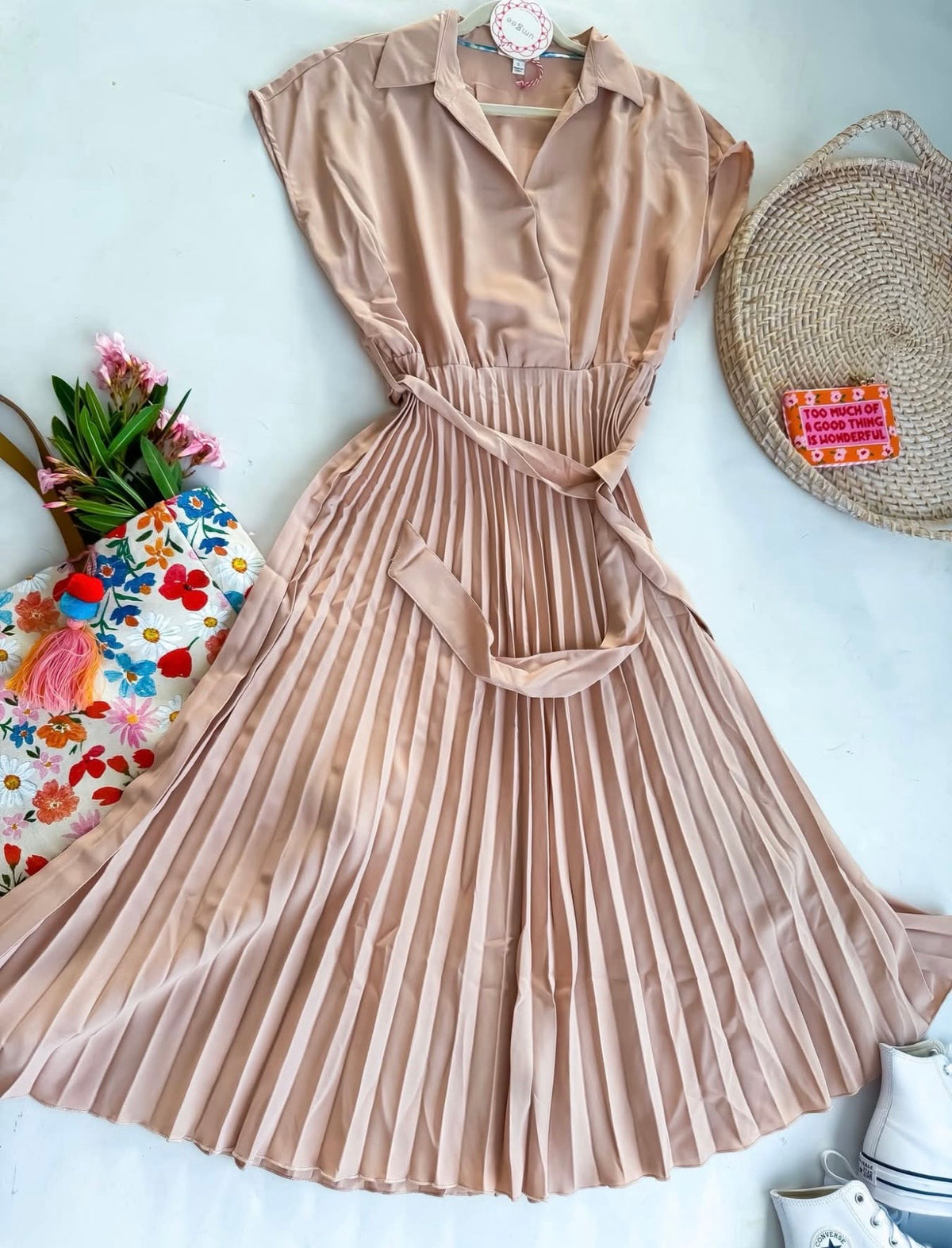 Capped Sleeve V-Neck Belted Pleated Fit & Flare Dress | Queen Bee Boutique