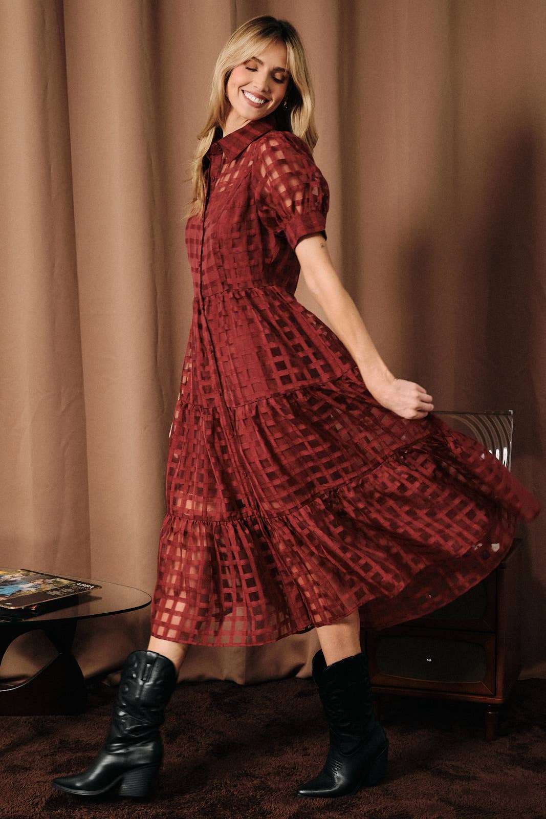 Puff Half Sleeve Sheer Checkered Tiered Shirt Midi Dress
