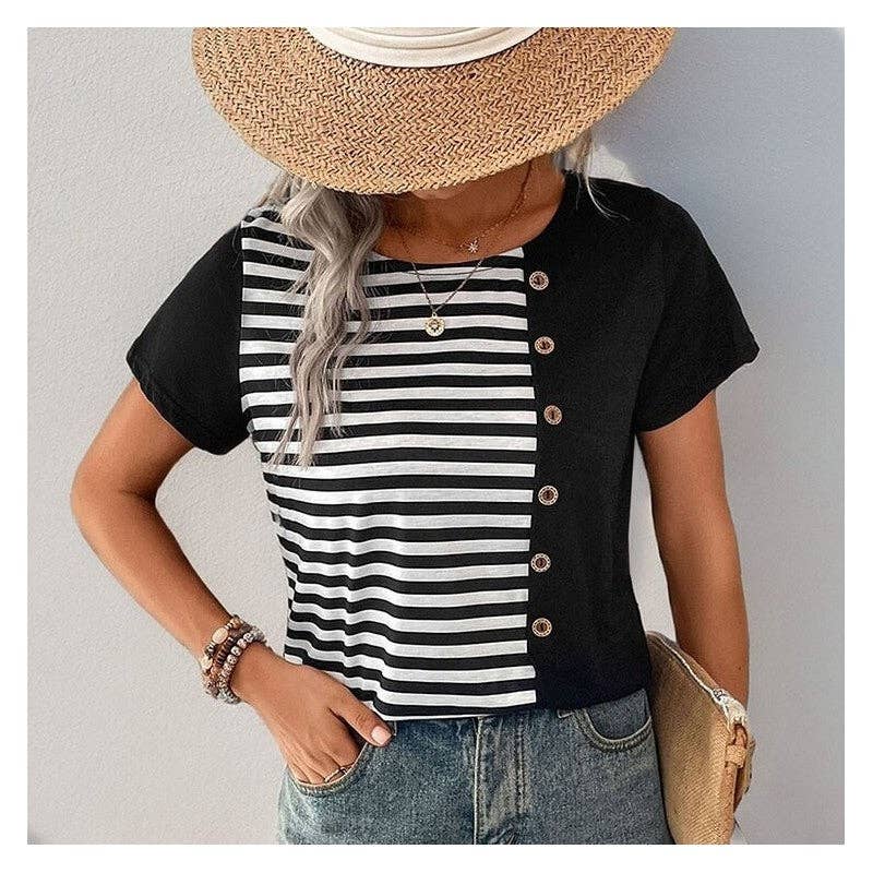 Striped Short Sleeve T-Shirt With Button Accents