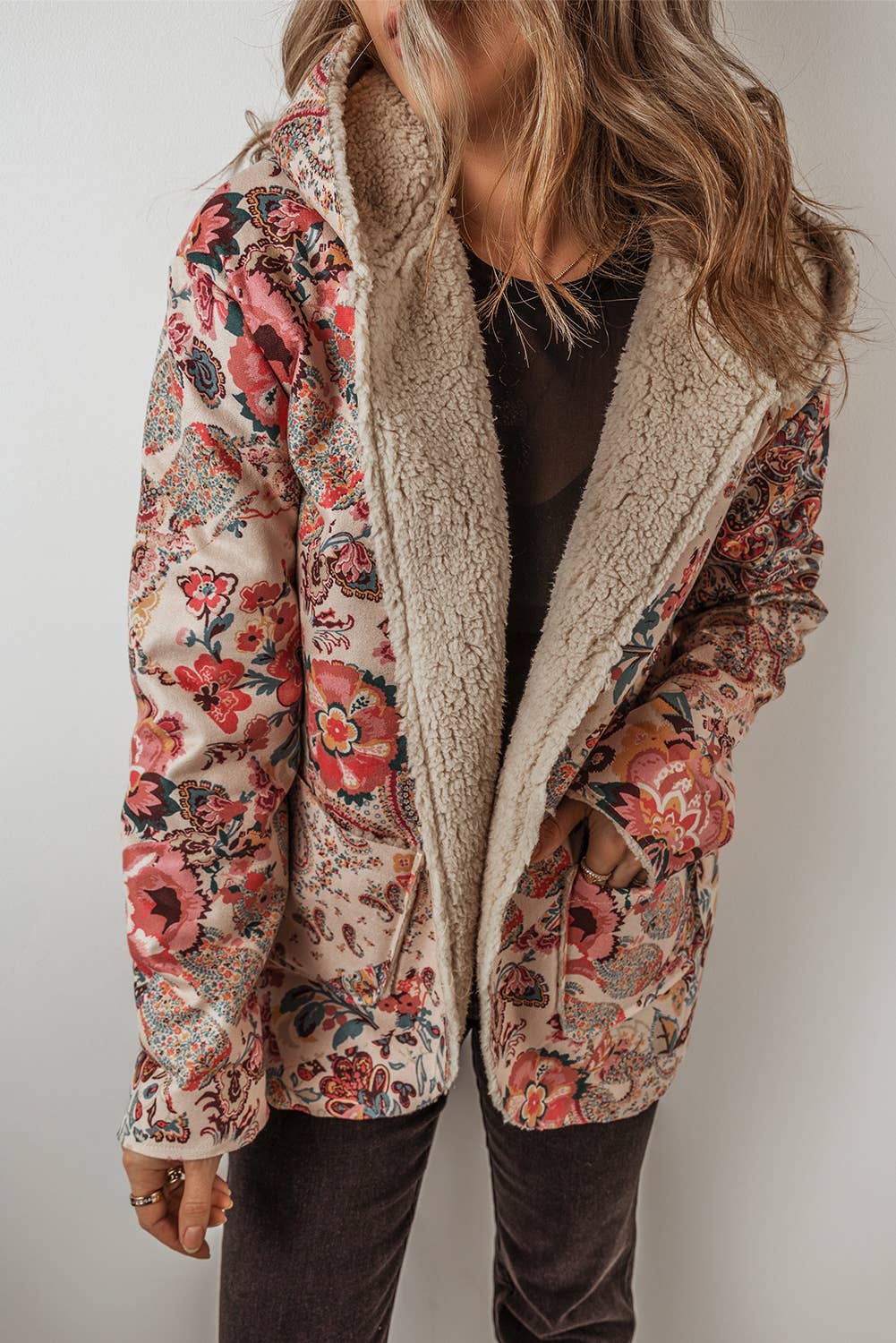 Paisley Floral Print Sherpa Lined Hooded Jacket | Queen Bee Customs Boutique