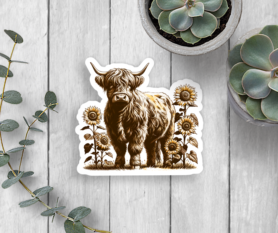 Highland Cow Sunflowers Vinyl Sticker