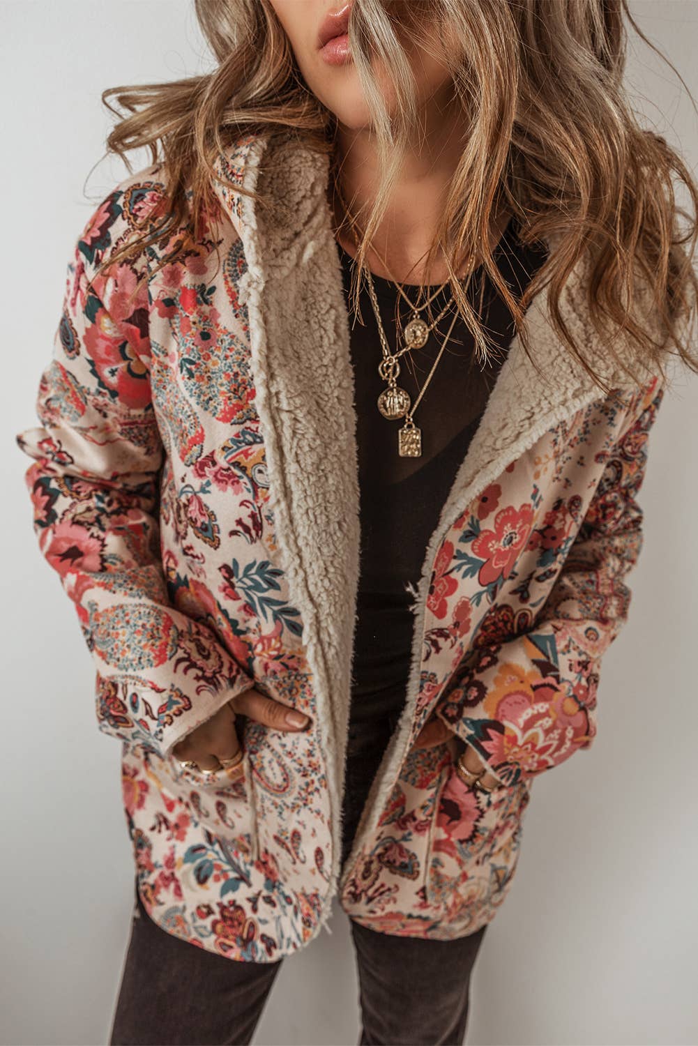 Paisley Floral Print Sherpa Lined Hooded Jacket | Queen Bee Customs Boutique