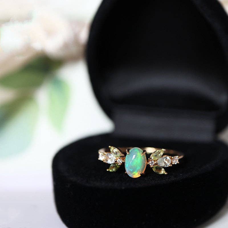 Dainty Gold Opal Leaf Stacking Band Ring in Solid Copper