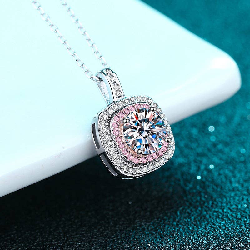 Pink Moissanite Halo Charm Necklace in 925 Sterling Silver