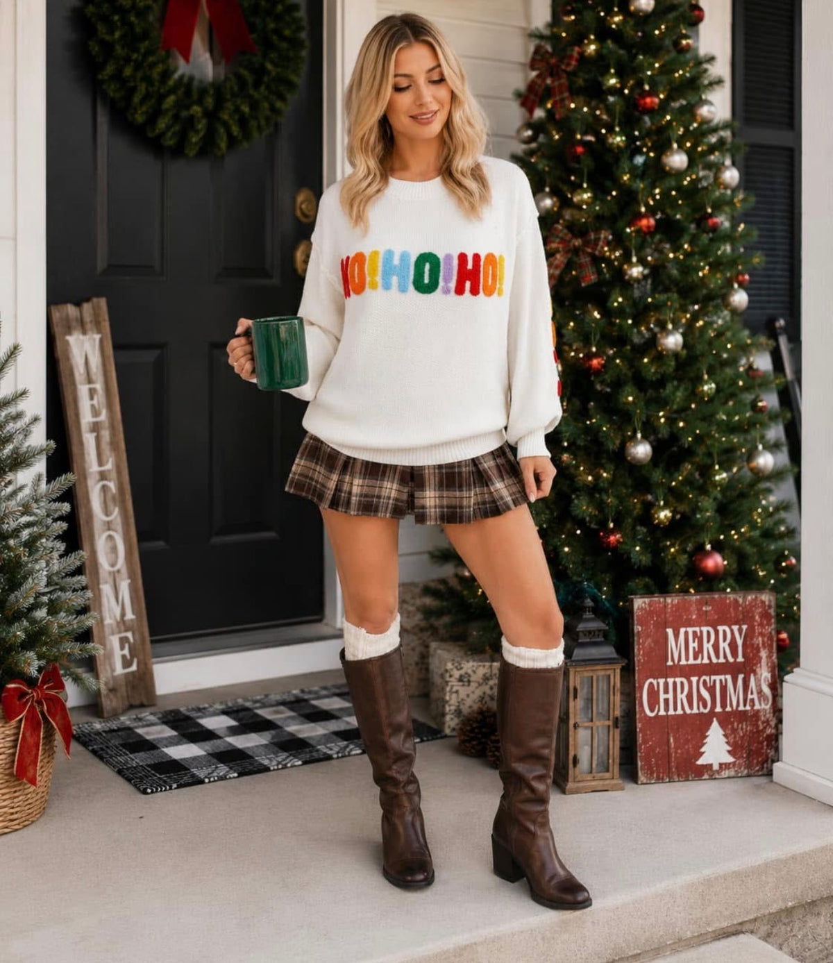 HO HO HO Chenille Patch Christmas Knit Top – Merry Christmas Sweater