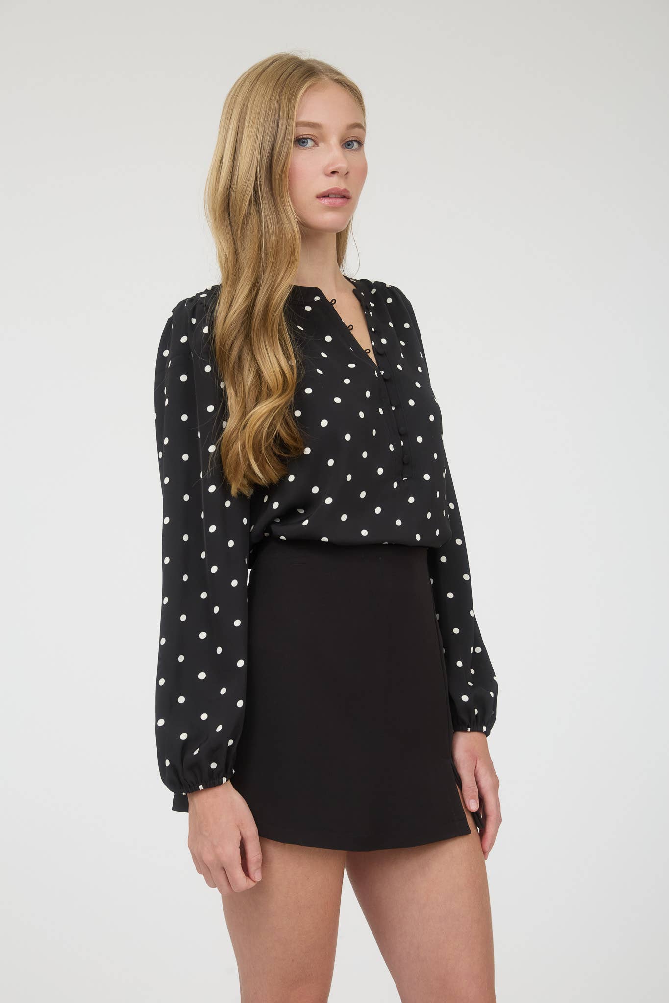 POLKA DOT HENLEY LONG SLEEVE BLOUSE