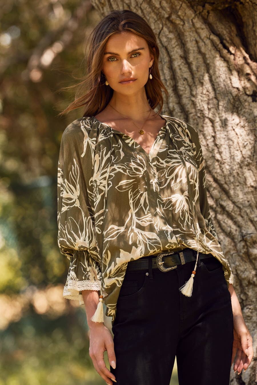 Boho Olive Fall Floral Printed Blouse