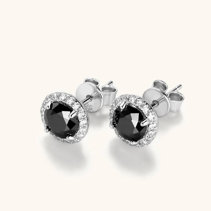 Black Moissanite Halo Stud Earrings Sterling Silver