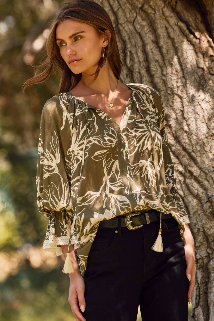Boho Olive Fall Floral Printed Blouse
