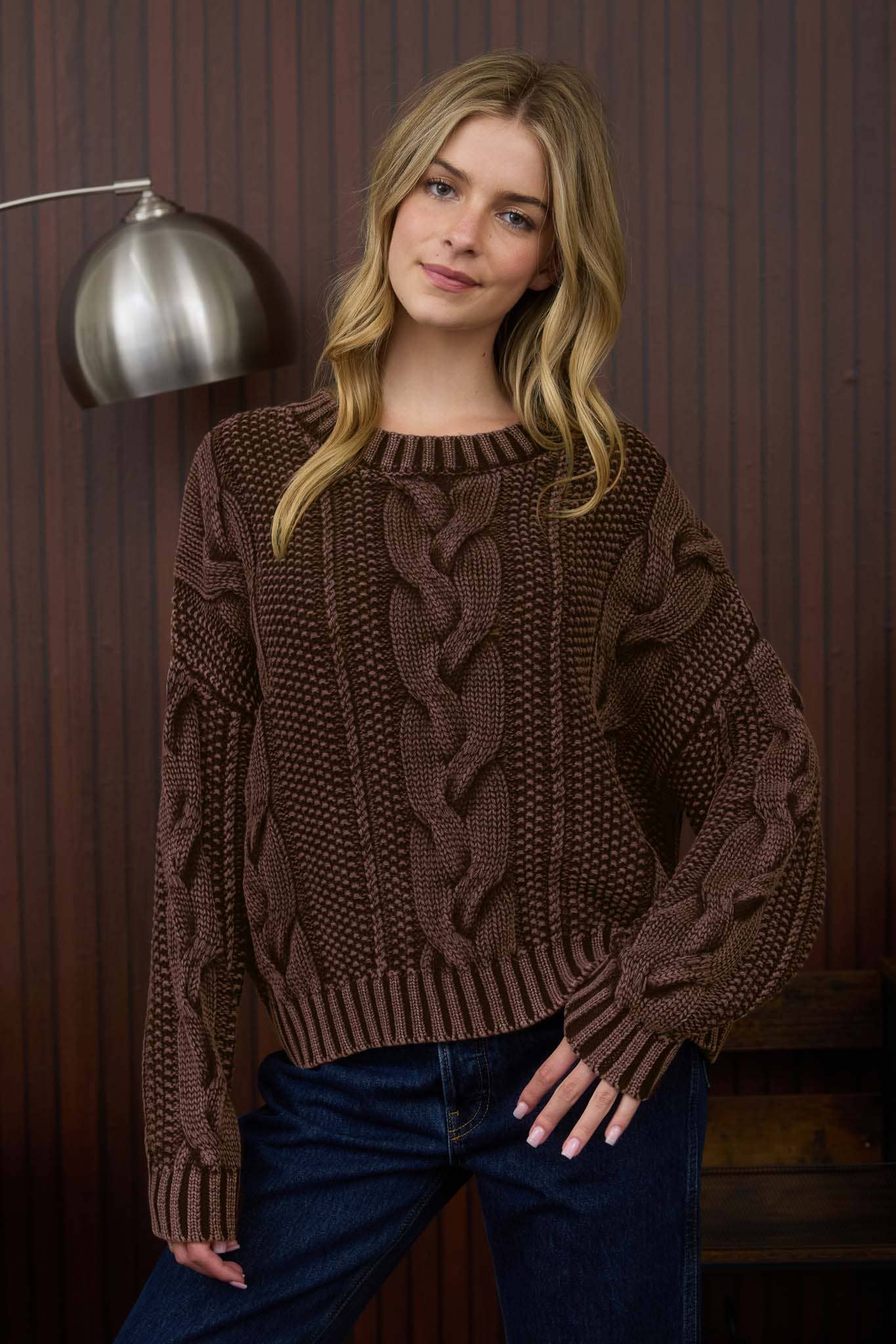 WASHED CABLE KNIT PULLOVER SWEATER