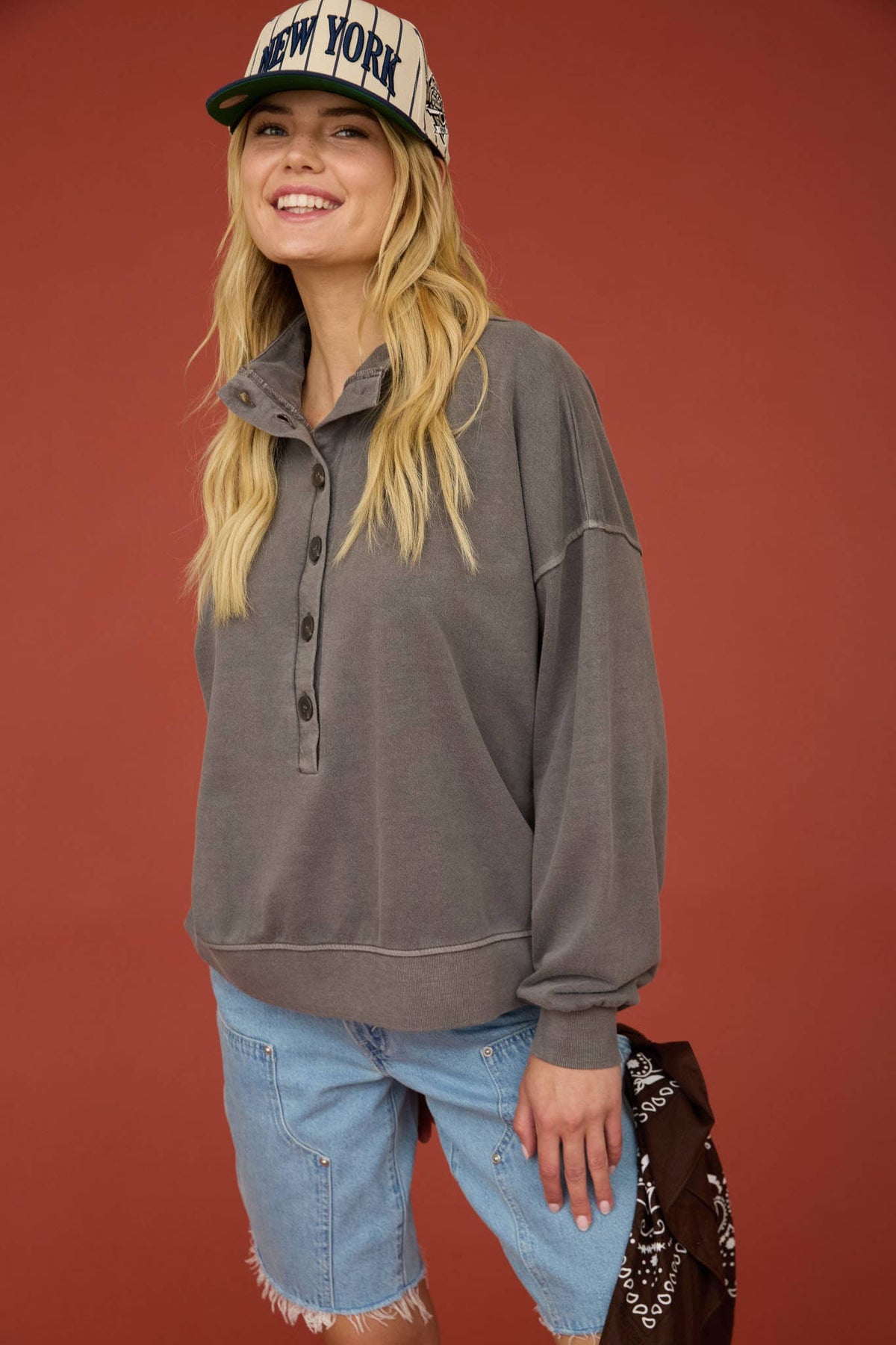 MOCK NECK HENLEY LONG SLEEVE KNIT TOP | Queen Bee Boutique