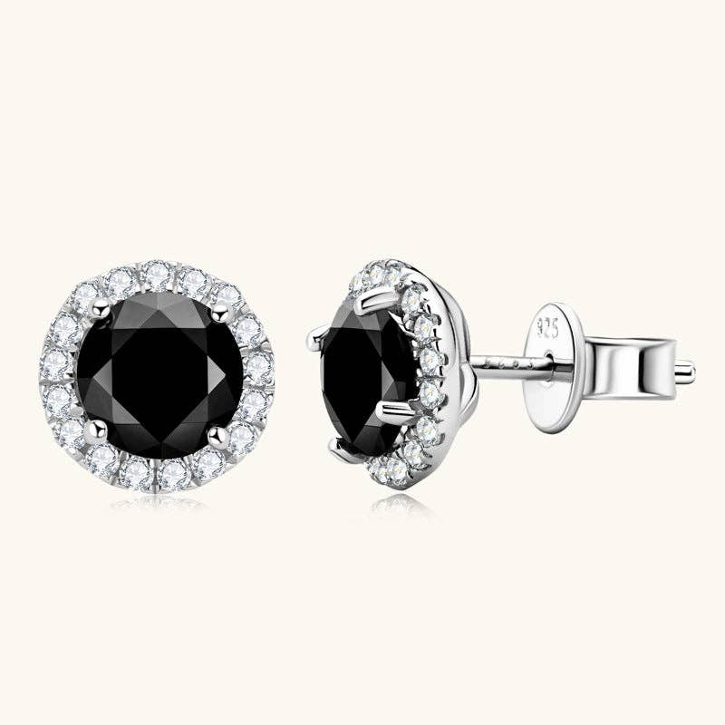 Black Moissanite Halo Stud Earrings Sterling Silver