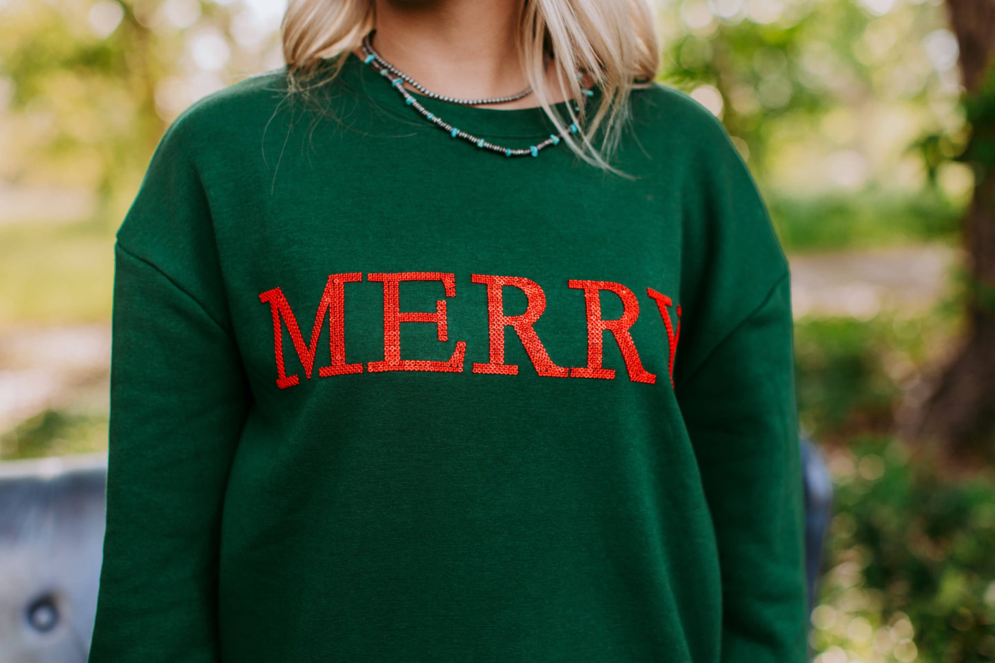 Merry Christmas Red Sequins Green Sweatshirt