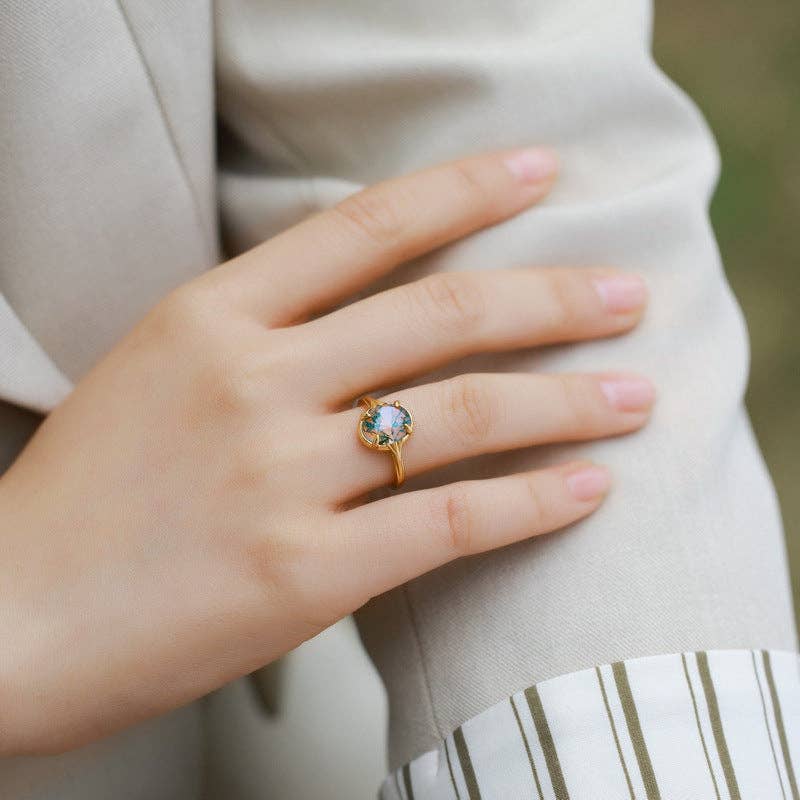 Gold Oval Moss Agate Statement Ring