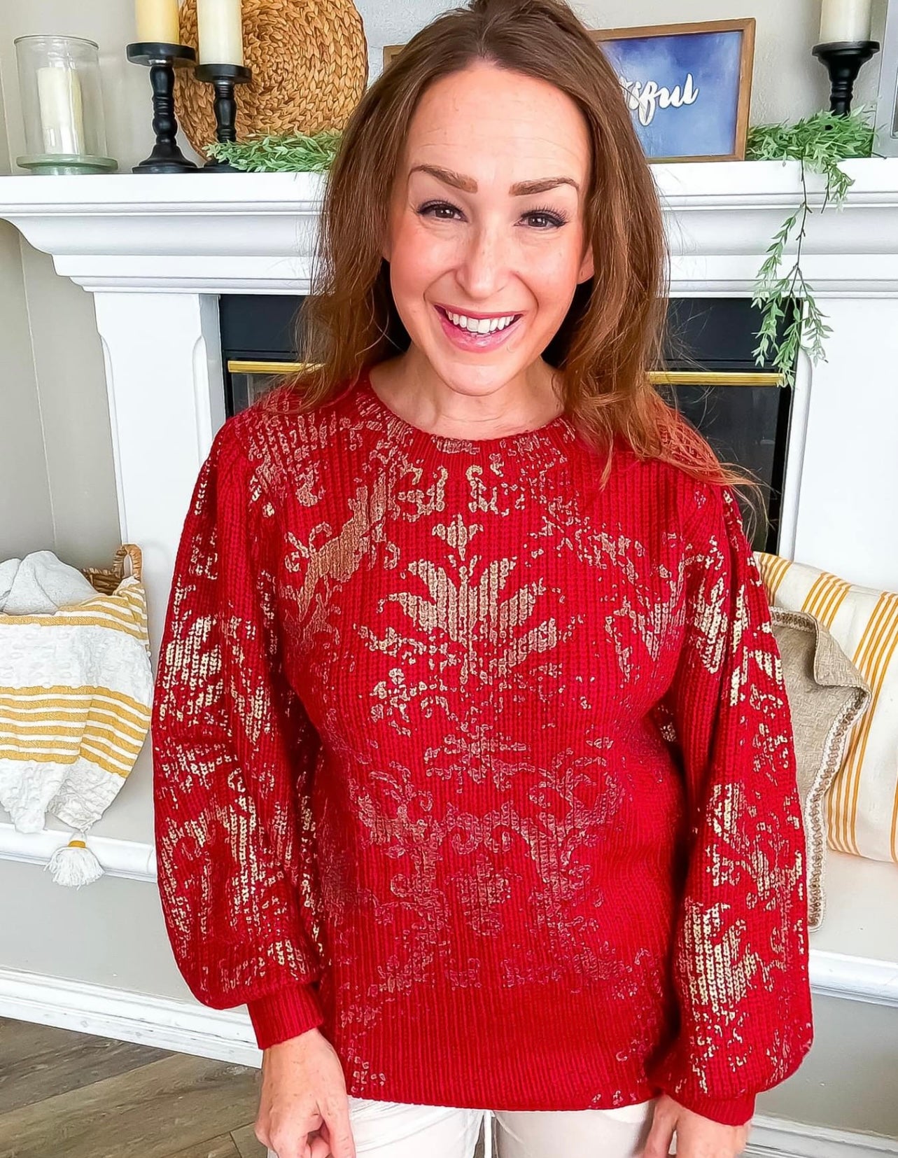 Holiday Cheer Gold Foil Sweater in Red – Festive Style and Comfort