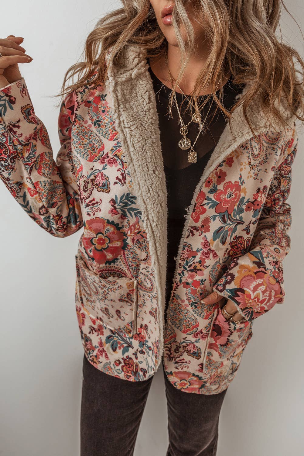 Paisley Floral Print Sherpa Lined Hooded Jacket | Queen Bee Customs Boutique