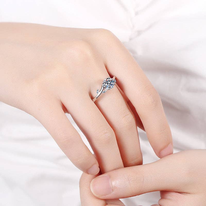 Moissanite Leaf Bypass Wedding Engagement Fashion Ring in 925 Sterling Silver