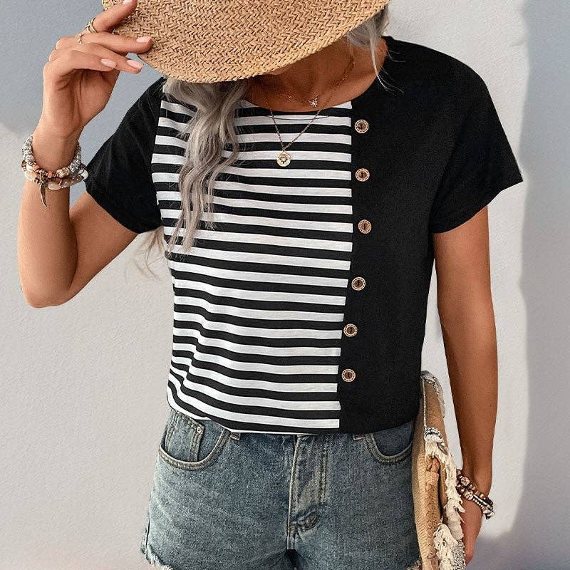 Striped Short Sleeve T-Shirt With Button Accents