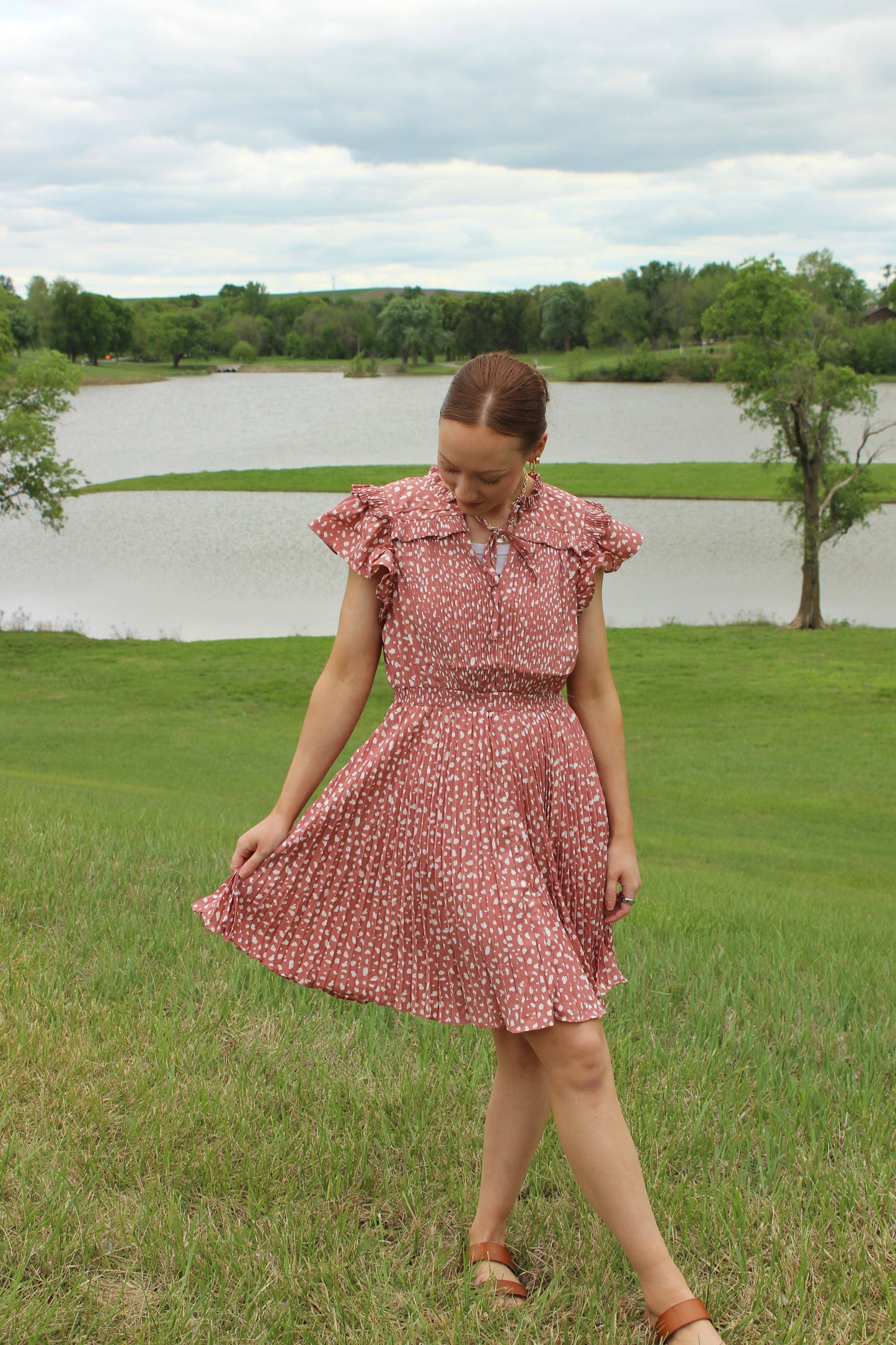 Pleated Rose Cream Dress Flutter Sleeve | Queen Bee Boutique