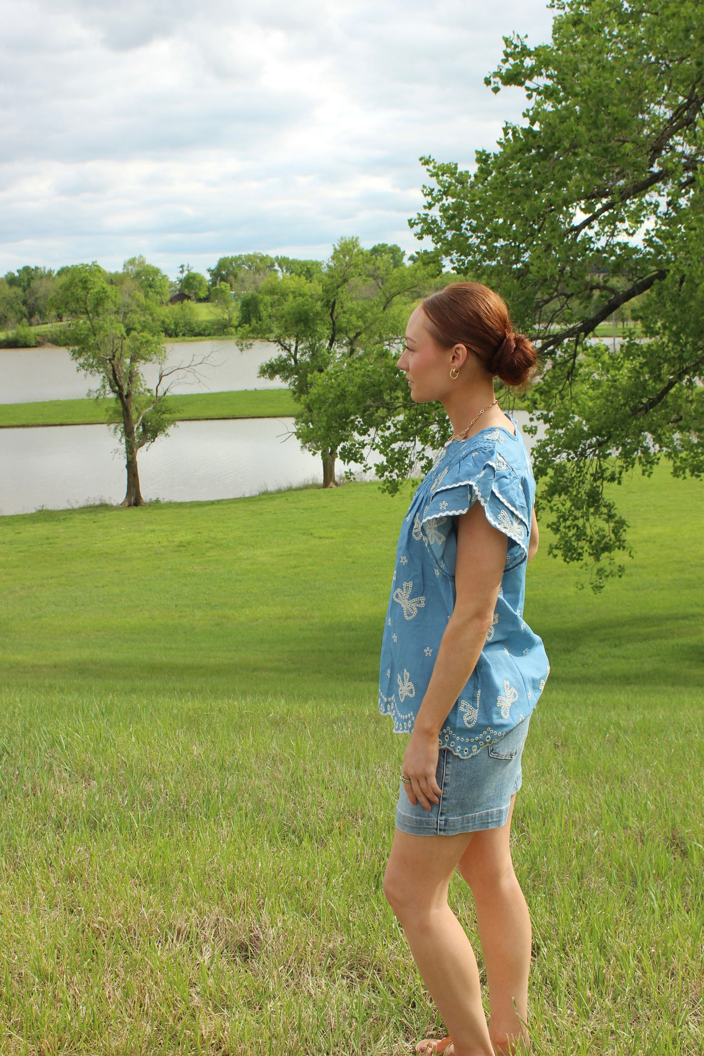 Denim Blue Bow Embroidery Top