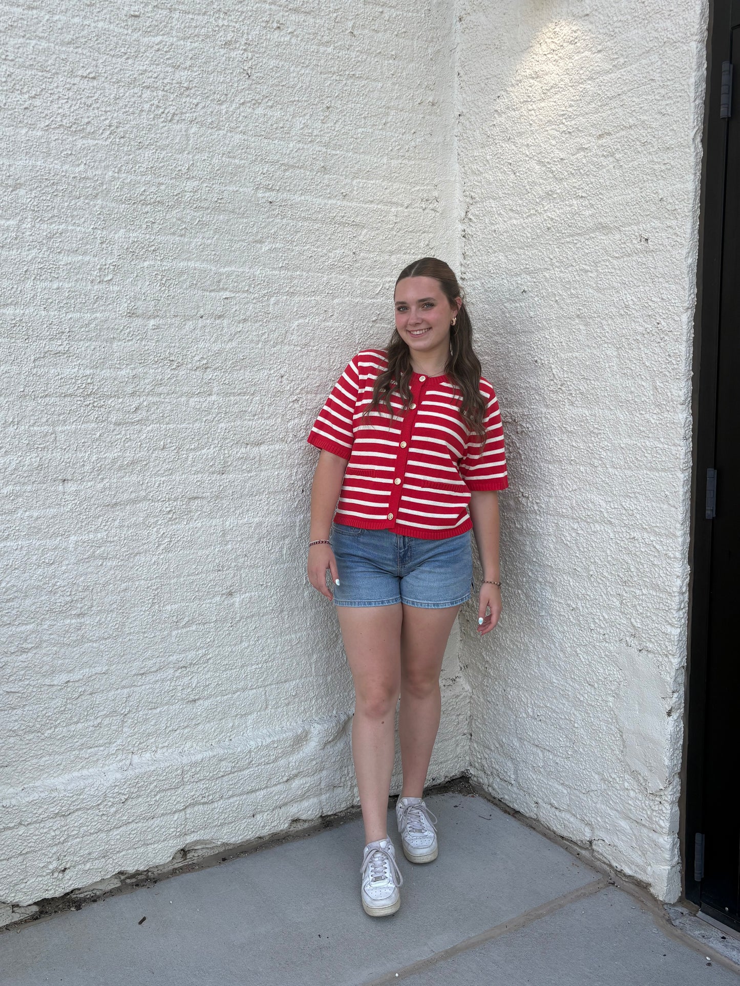 Red Stripe Button Down Knit Sweater Top | Queen Bee Boutique
