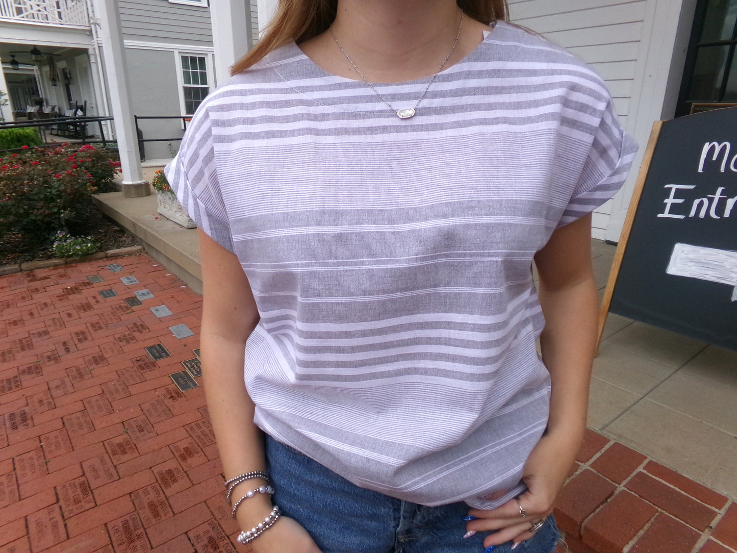 Grey White Striped Linen Top - Queen Bee Boutique