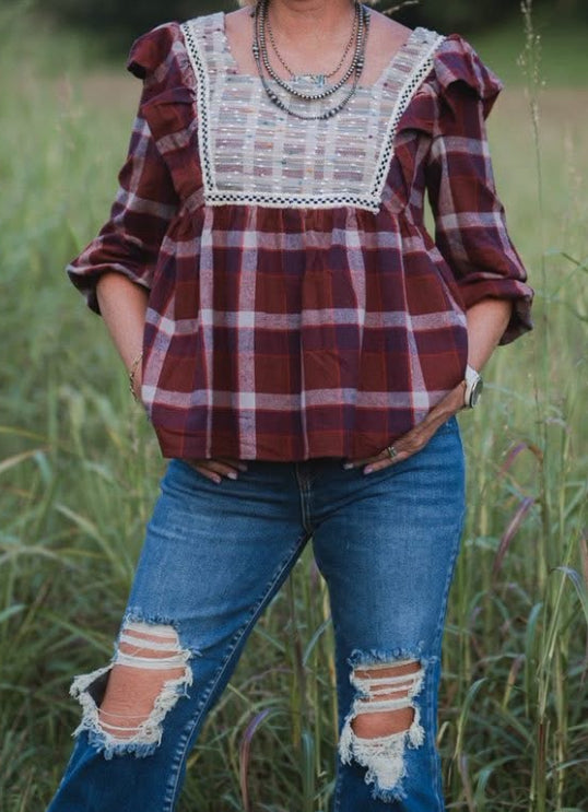 Flannel Baby Doll Top with Embroidery Accent