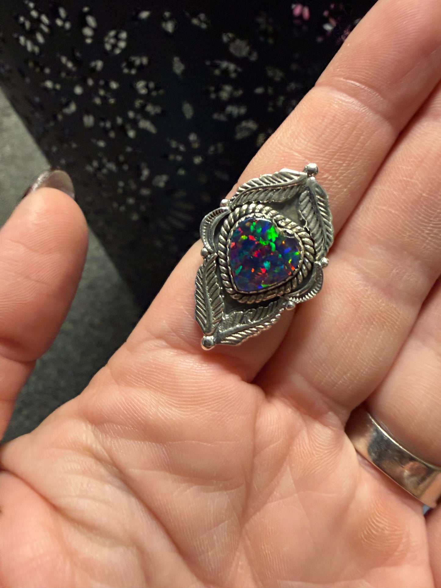 Black Fire Opal Heart Ring