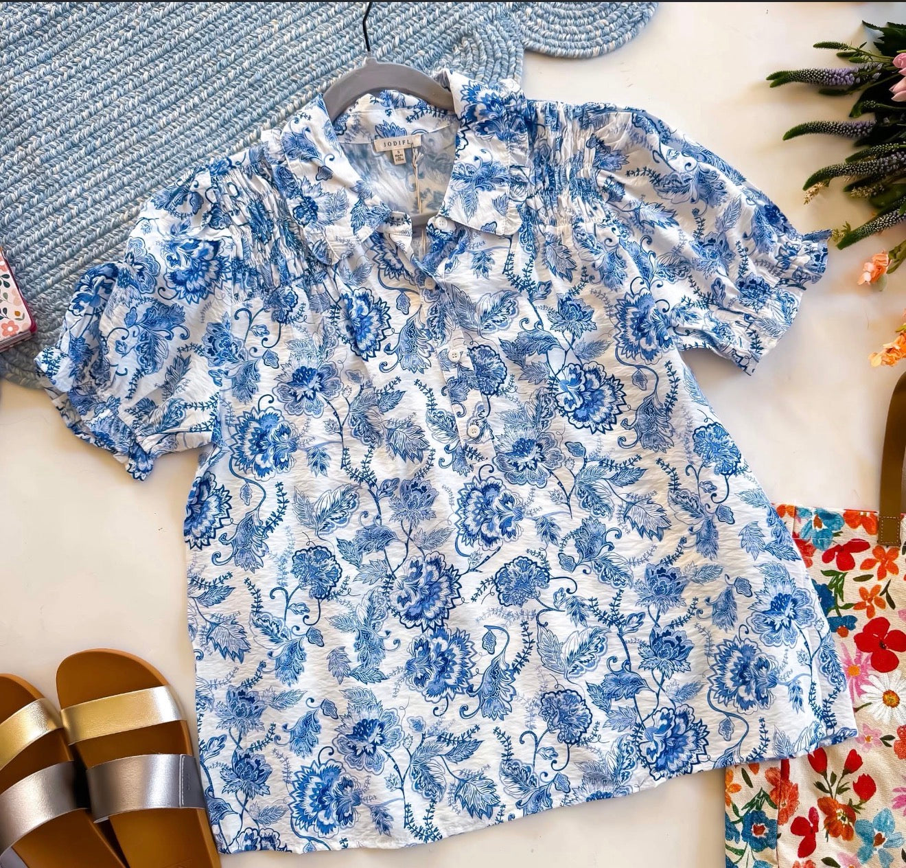 Blue White Floral Summer Time Ruffle Smocking | Queen Bee Boutique
