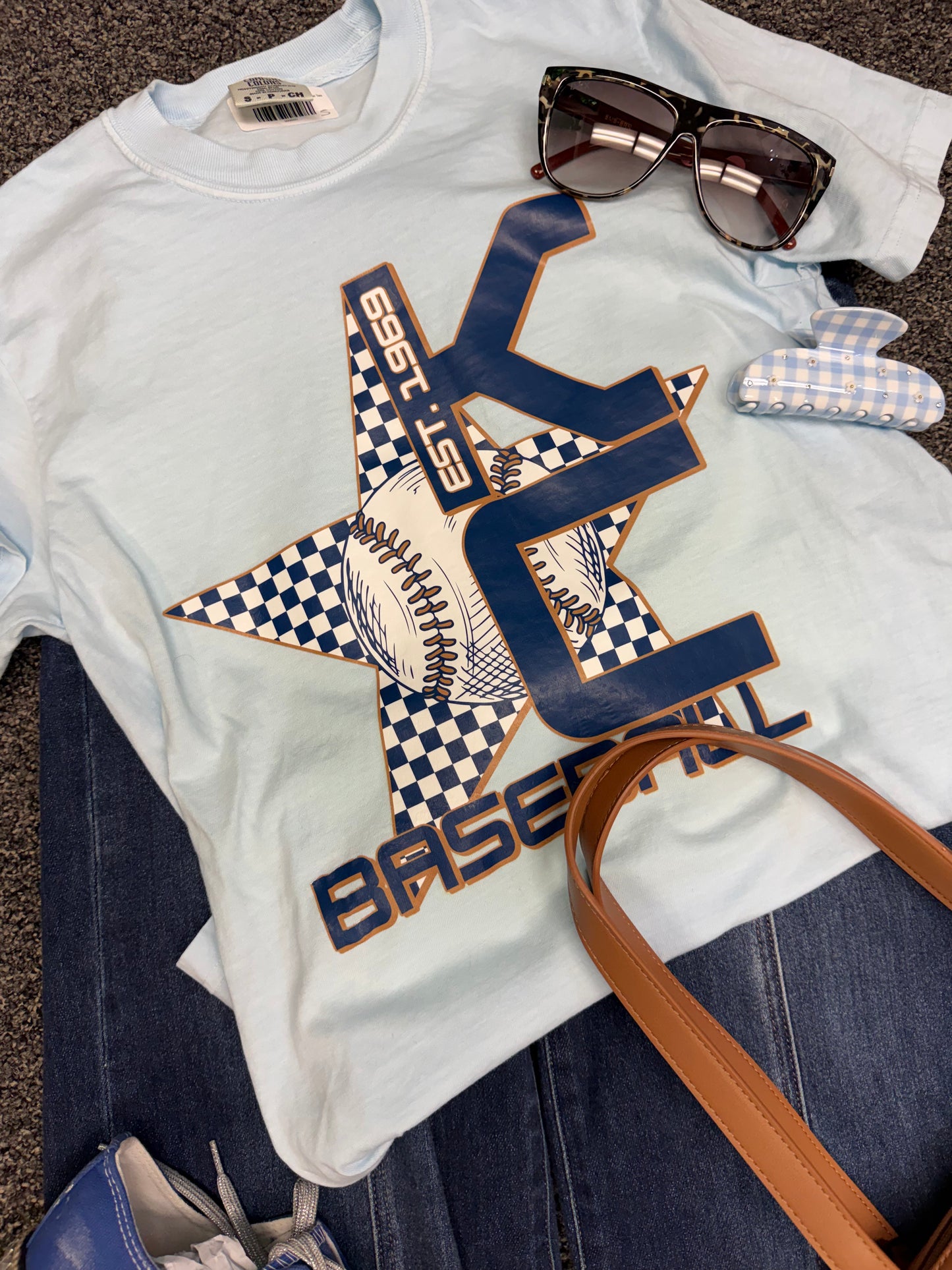 KC Baseball Retro Star Checkered Baby Blue Tee