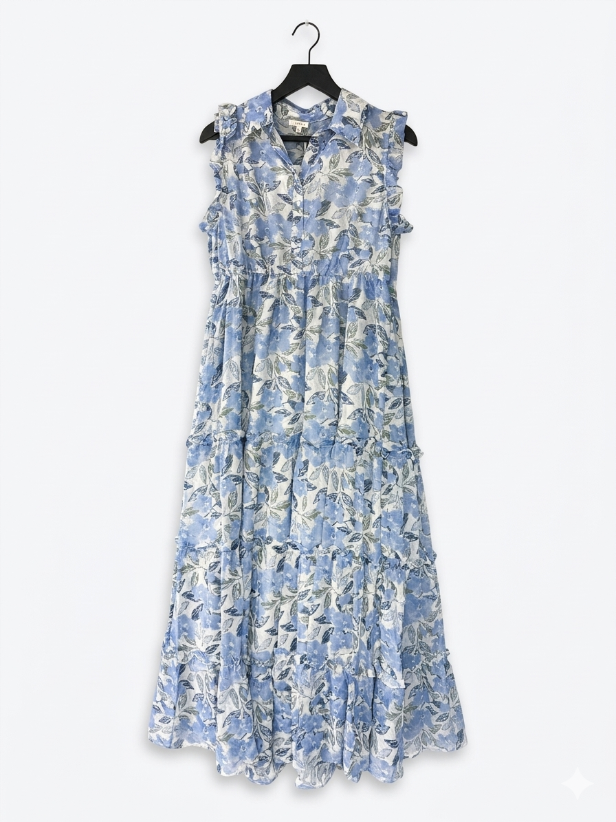 Sleeveless Button V Neck Midi Dress Blue Floral | Queen Bee Boutique