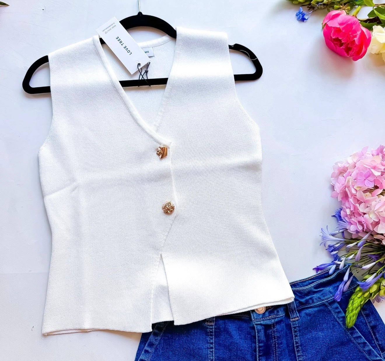 White Vest 2 Button Layering Piece Top | Queen Bee Boutique