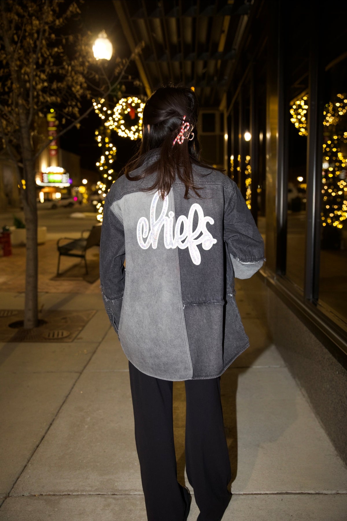 Distressed KC Jacket White Script Patch GameDay | Queen Bee Boutique