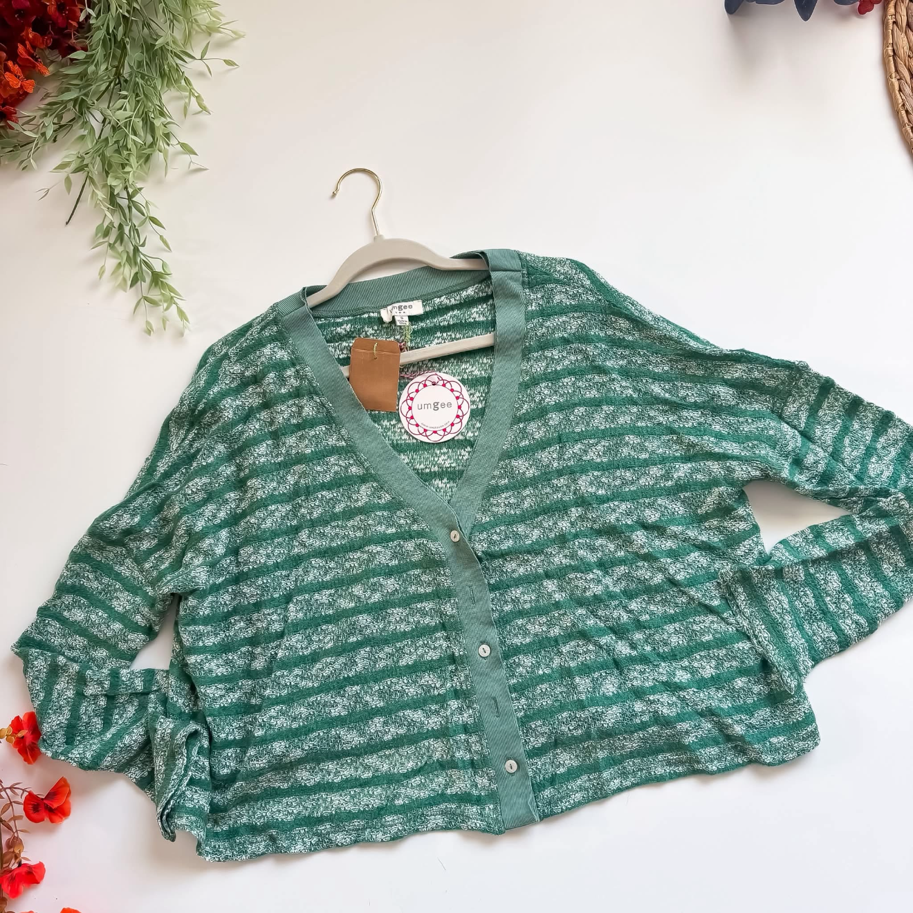 GoodBye Green White Striped Button Down Cardi | Queen Bee Boutique