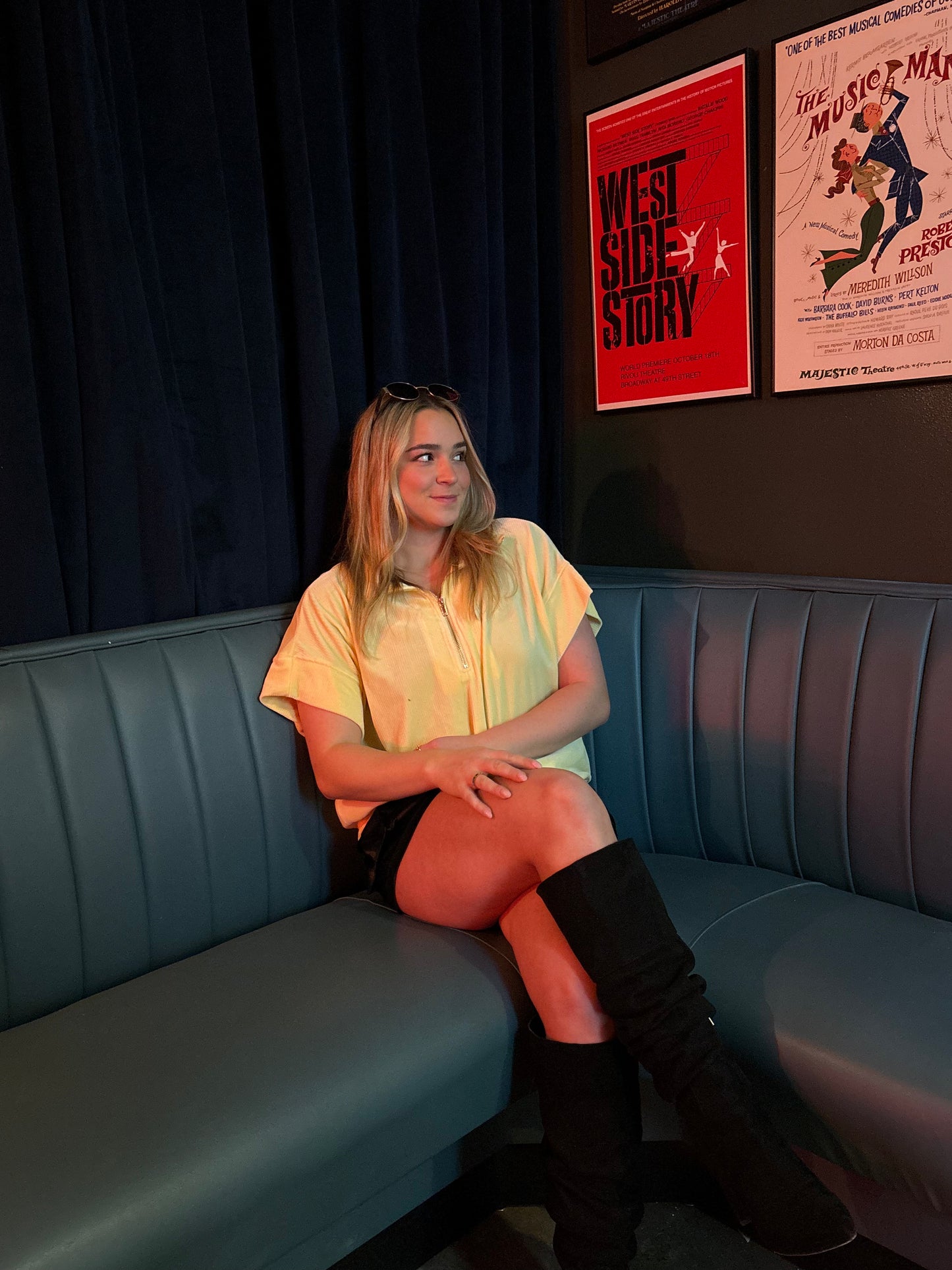 Bright Sunny Days Yellow Velour V-Neck Top- Oversized Zipper Pullover