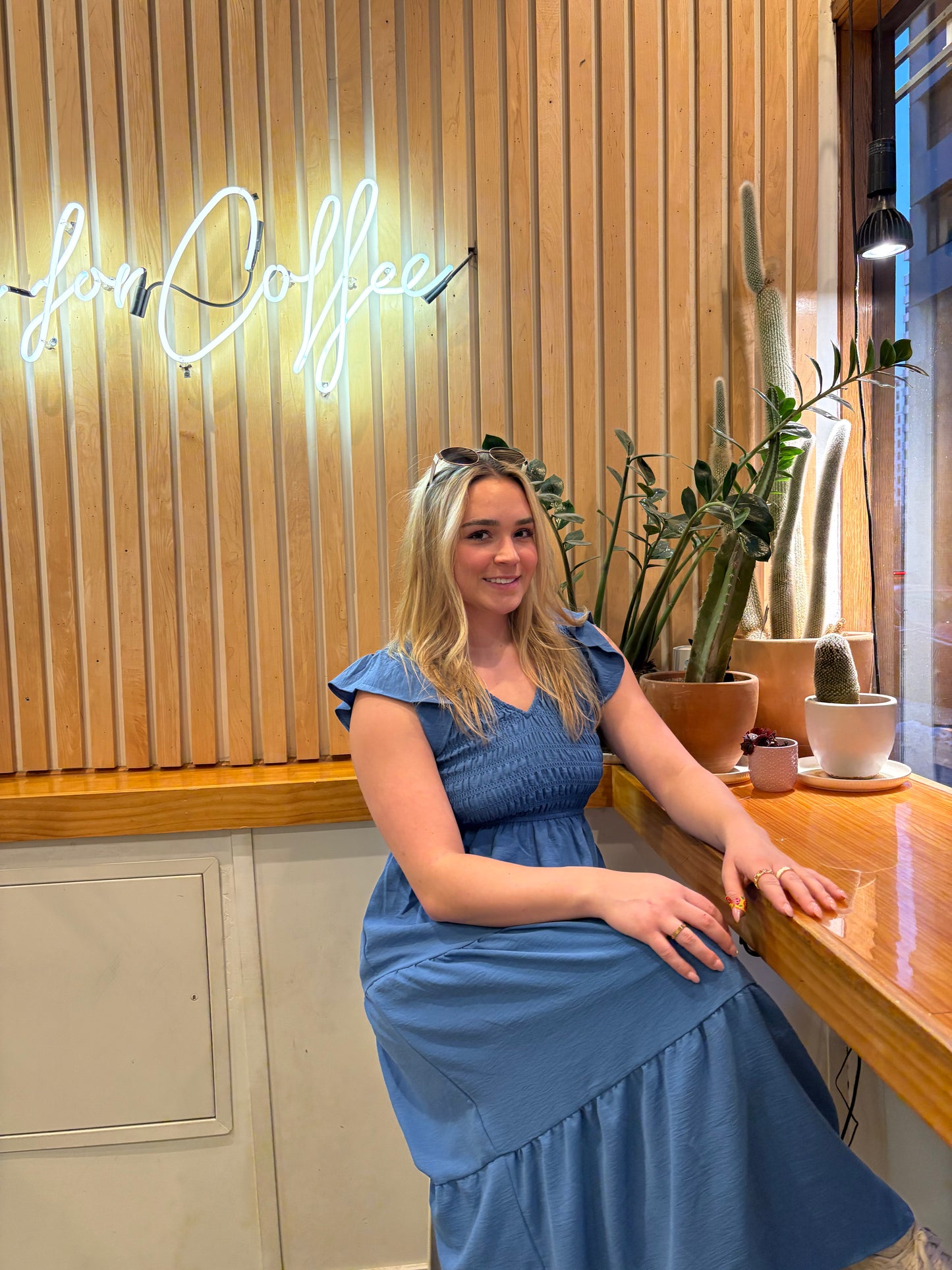 Flutter Sleeve V-Neck Smocked Midi Dress in Dusty Blue - Boho Tiered Skirt