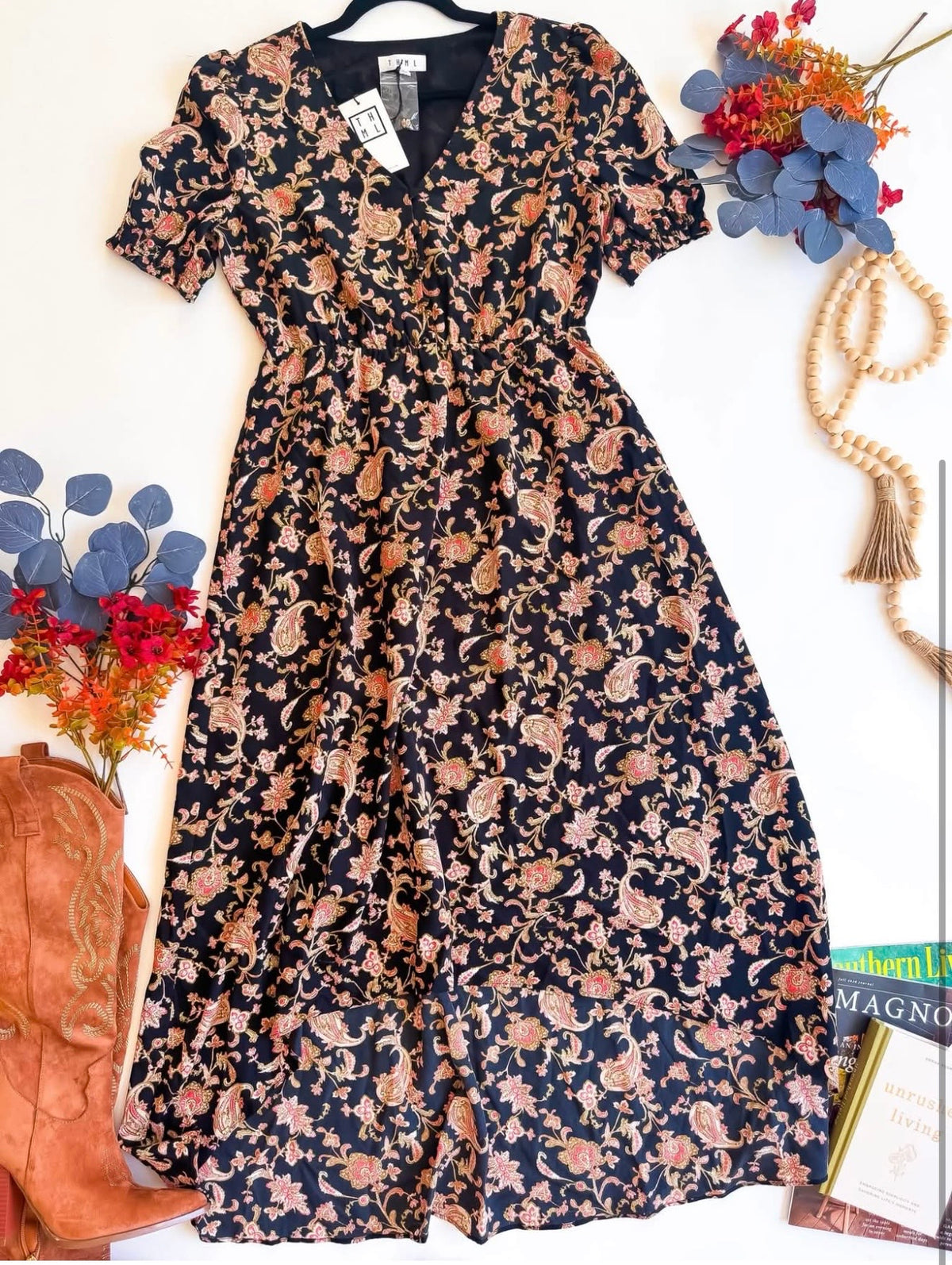 Black Paisley High-Low Button Front Dress | Queen Bee Boutique