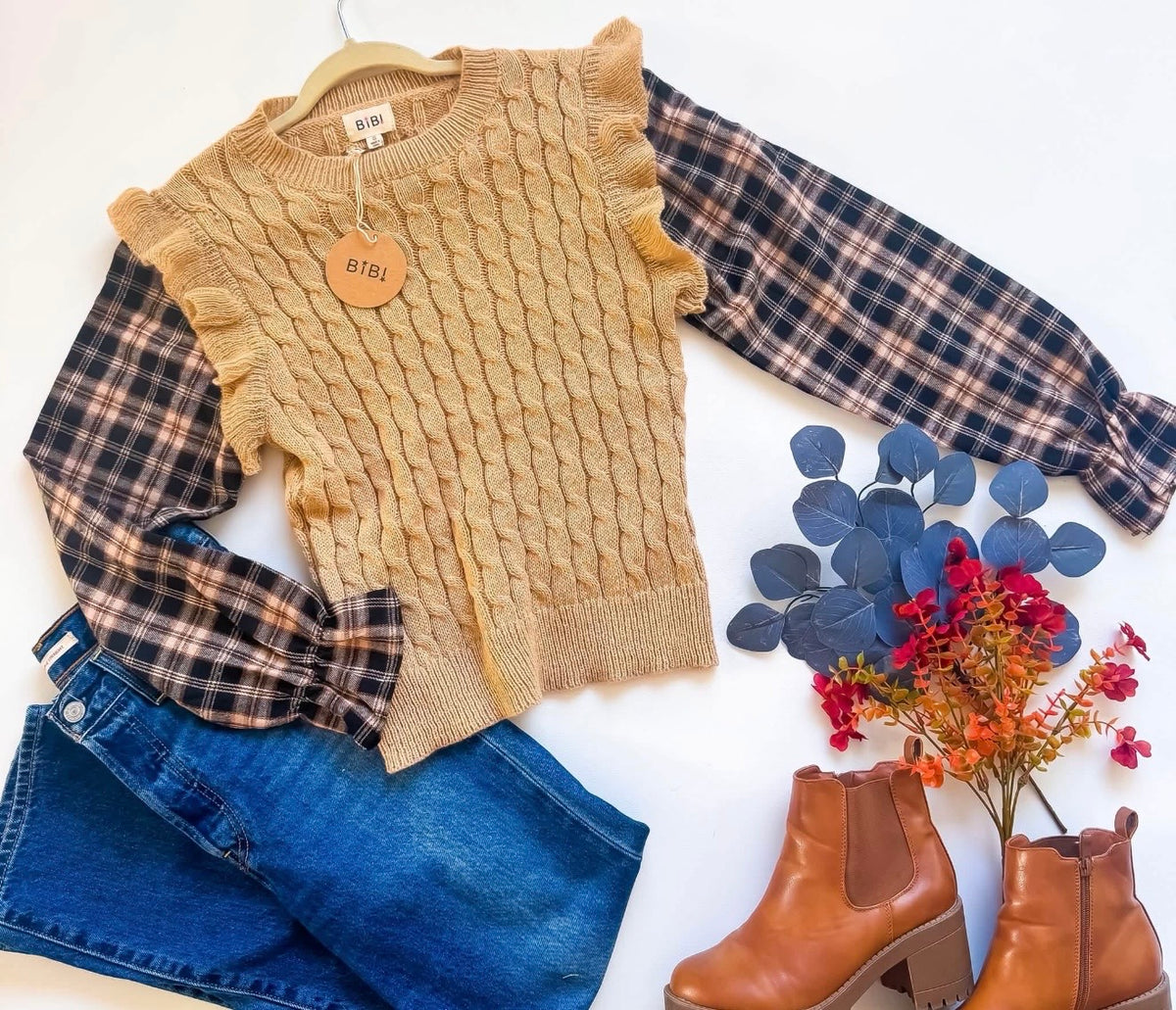 Cozy Cable Knit Sweater Vest with Plaid Sleeves β Tan & Black