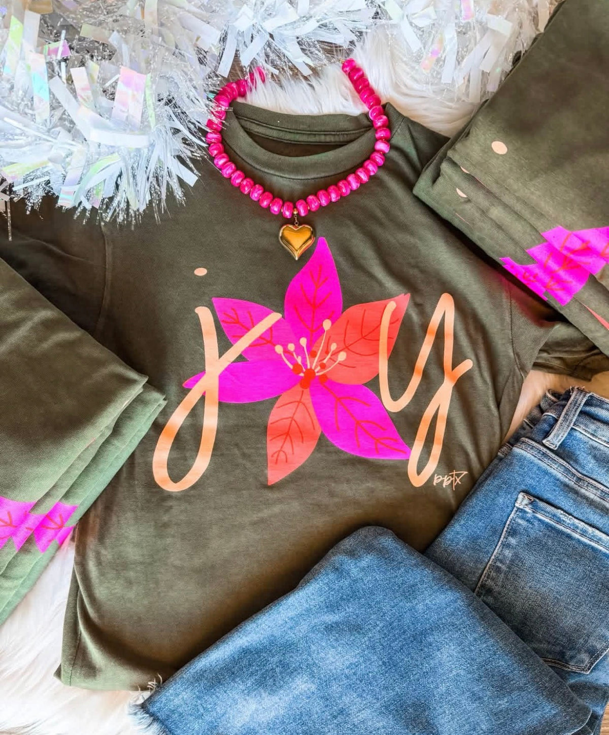 Joy Poinsettia Holiday Graphic Tee β Olive Green with Pink & Coral
