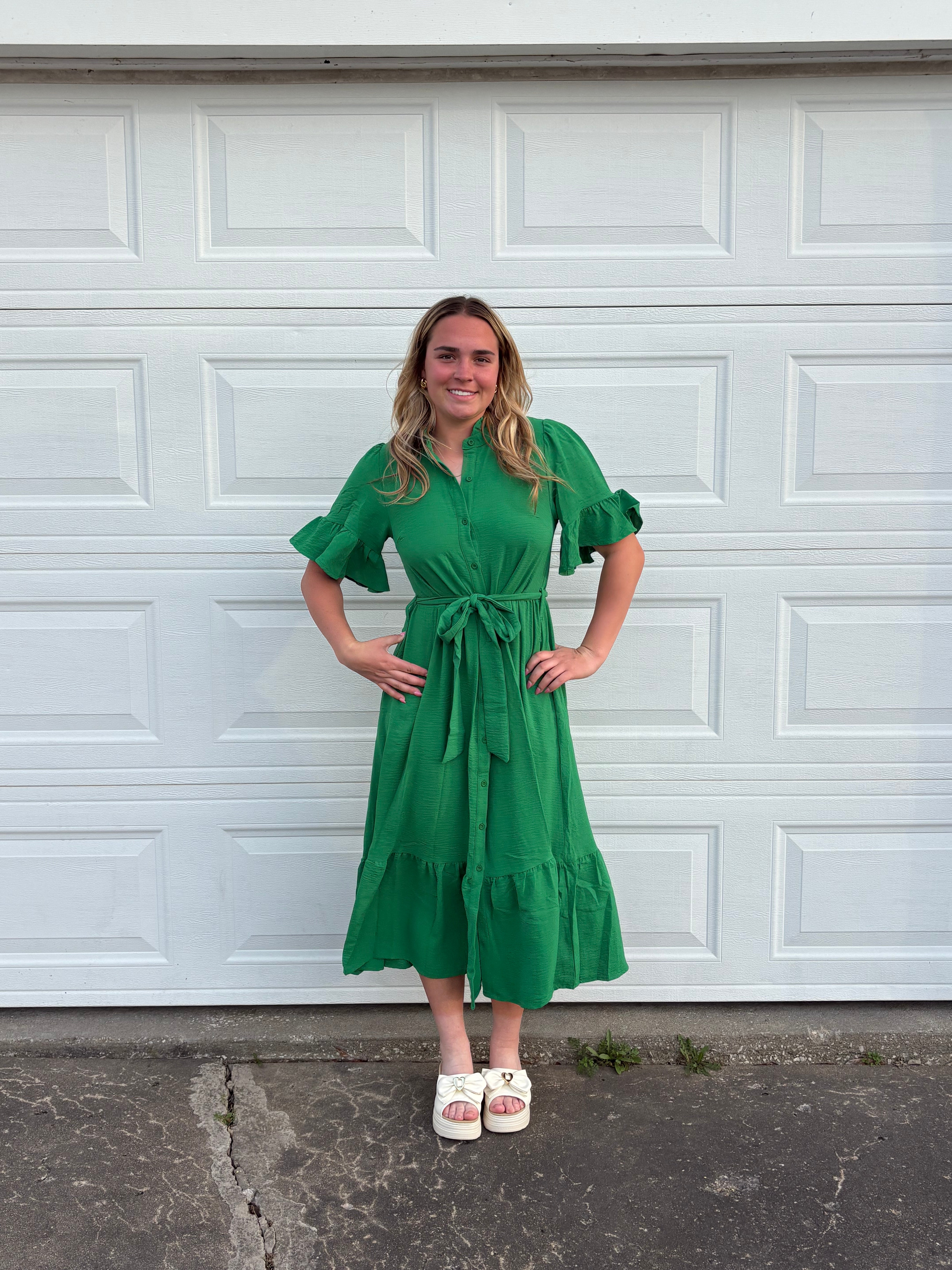 Tiered Kelly Green Belted Dress 1/2 Sleeve Flutter | Queen Bee Boutique S