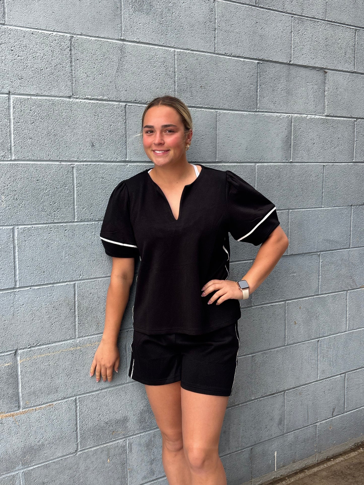 Black Scuba 2-Piece Short Set with White Piping - Athleisure Loungewear